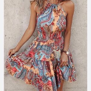 Paisley Halter Tiered Mini Dress in Peach, Teal & Coral